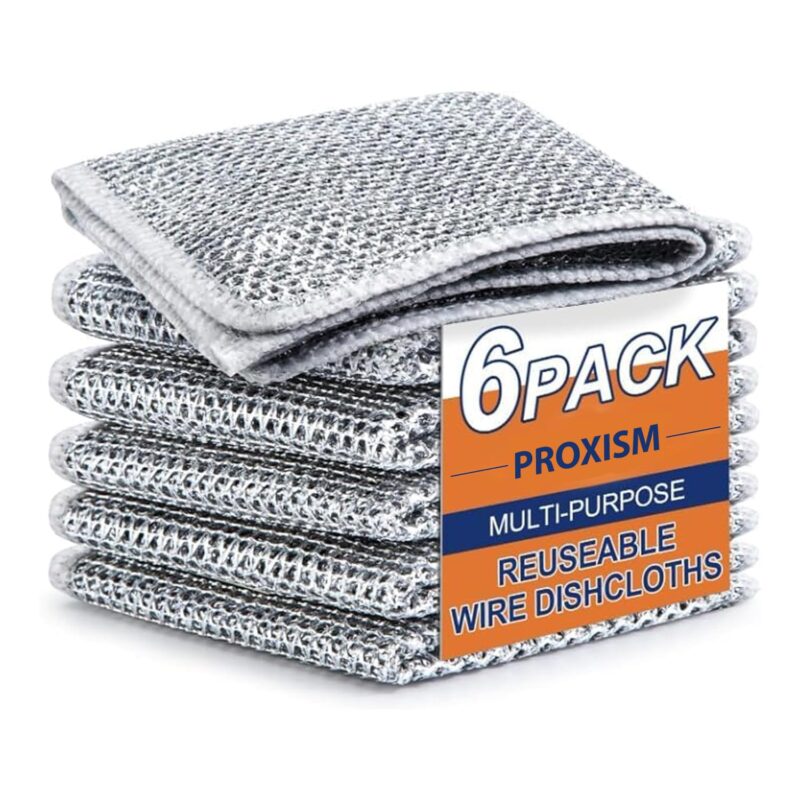 PROXISM Non-Scratch Dish Wash Cloth (Pack of), Steel Wire Dish Cloth, Wire Dishwashing Rags for Wet and Dry Stainless Steel Scrubber Non-Scratch Wire Dishcloth for Washing Dishe-S (6)