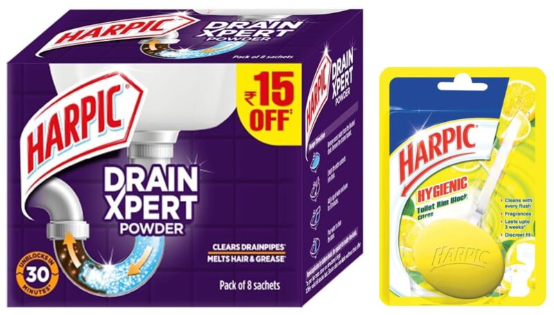 Harpic Drain Xpert Drain Cleaner Powder (50g x 8) & Harpic Hygienic Toilet Cleaner Rim Block, Citrus - 26 g COMBO