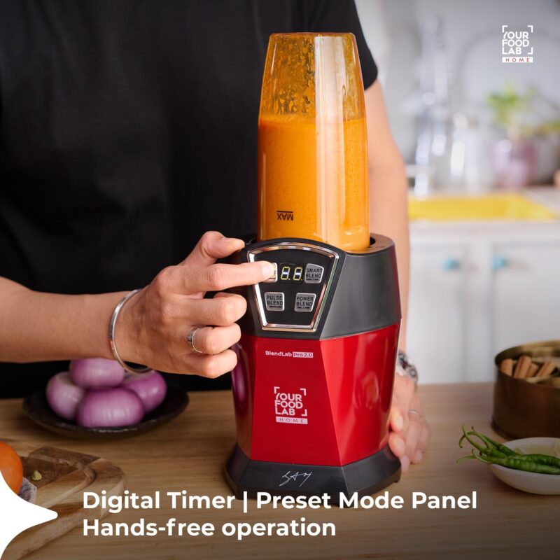 YFL HOME BlendLab Pro 2.0 Mixer Grinder for Kitchen, 1200W Blender with 2 Unbreakable Jars, 100% Copper Motor, Smoothie Maker with Preset Blend Modes, Laser Cut SS Blades | Blender for Smoothies (Red) - Image 4