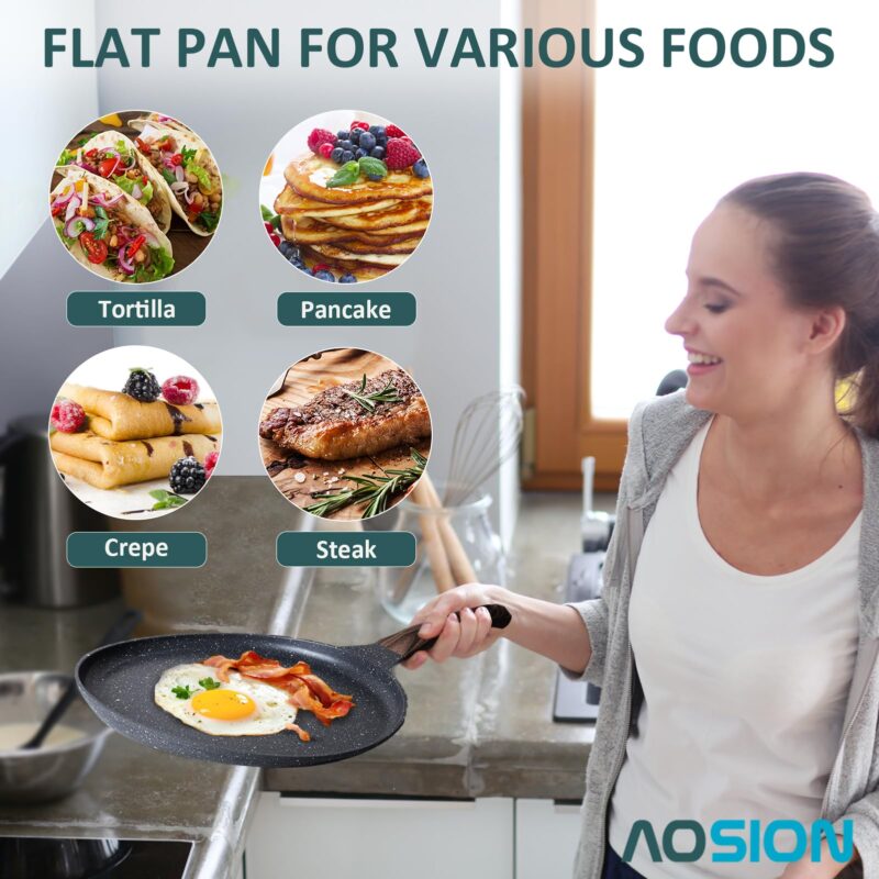 AOSION 11 inch Crepe Pan Nonstick Dosa Tawa Pan,Ceramic Coating Skillet Pan,Tortilla Pan for Pancake Omelette Steak Frying Egg with Ergonmic Handle,For All Stoves - Image 5