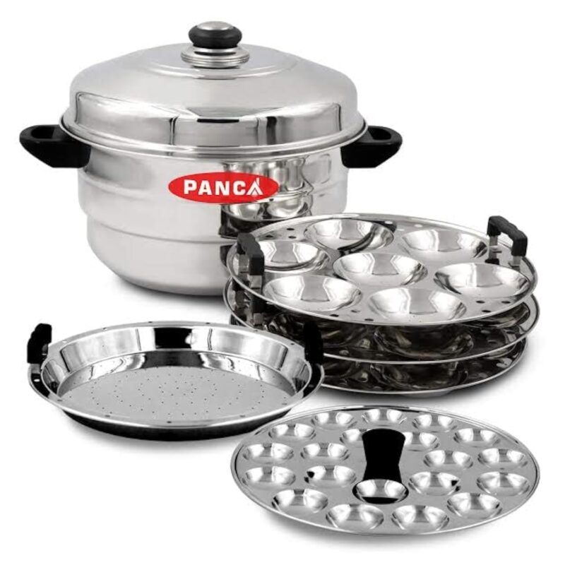 PANCA Idli Maker Stainless Steel Idli Cooker, Idli Steamer, Idly Pot, Dhokla Maker and Mini Idli Plate (Silver, 18 Idli, 18 Mini Idli, 5 Plate Idli Kadai)