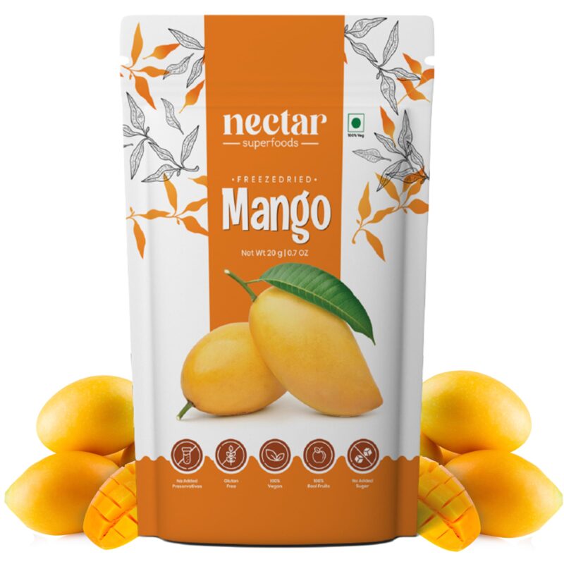 Nectar Superfoods Freeze Dried Mango | No Preservatives, No Added Sugar, Healthy Dried Fruit | 100% Natural, Vegan, Gluten Free Snack for Kids and Adults | 20 gram Pouch