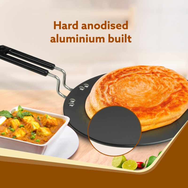 AGARO Elite Hard Anodised Tawa for Kitchen, 25 cm Diameter Tawa for Roti, Chapati, Paratha, Riveted Handle, 4 mm Thick Base for Uniform Heating, Gas Oven Compatible, Cooking, Cookware - Image 5