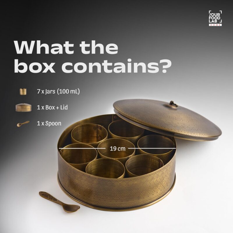 YFL HOME Brass Spice Box for Kitchen with Spoon (Pure Brass, 7 Detachable containers, 100 ML) | Masala box for Kitchen | Spice Storage Container | Stylish Masala Dani for gift - Image 3