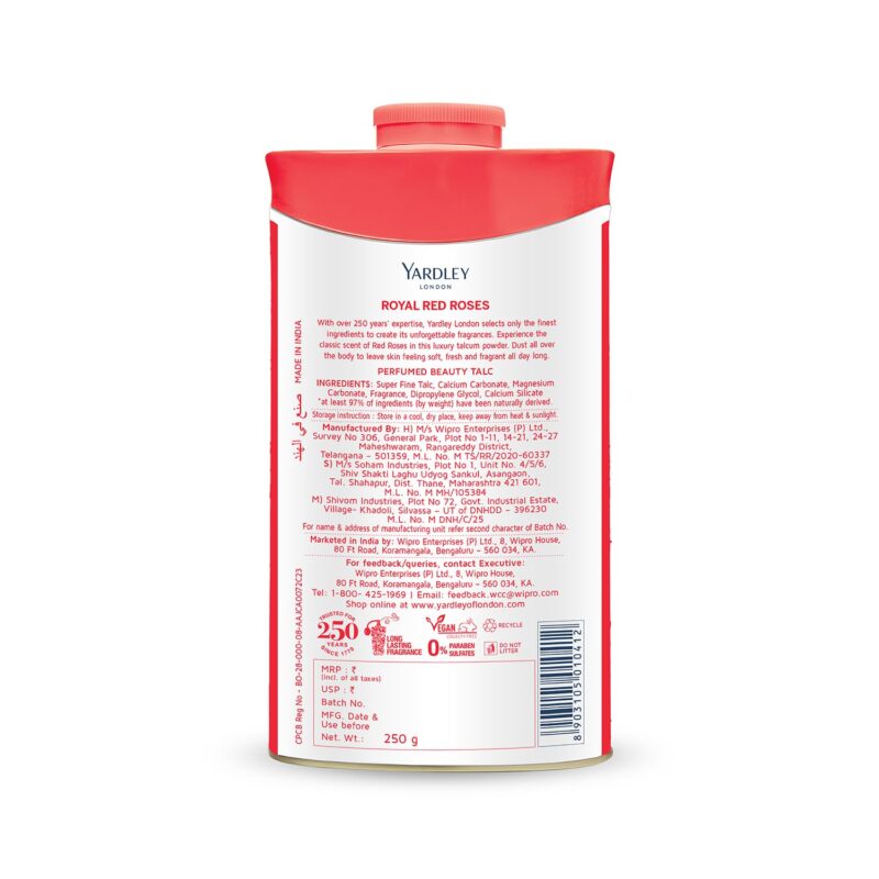 4x Yardley London Royal Red Roses Perfumed Talc| Fragrant Beauty Talc for Women| Smooth Texture| 250g - Pack of 4 - Image 7