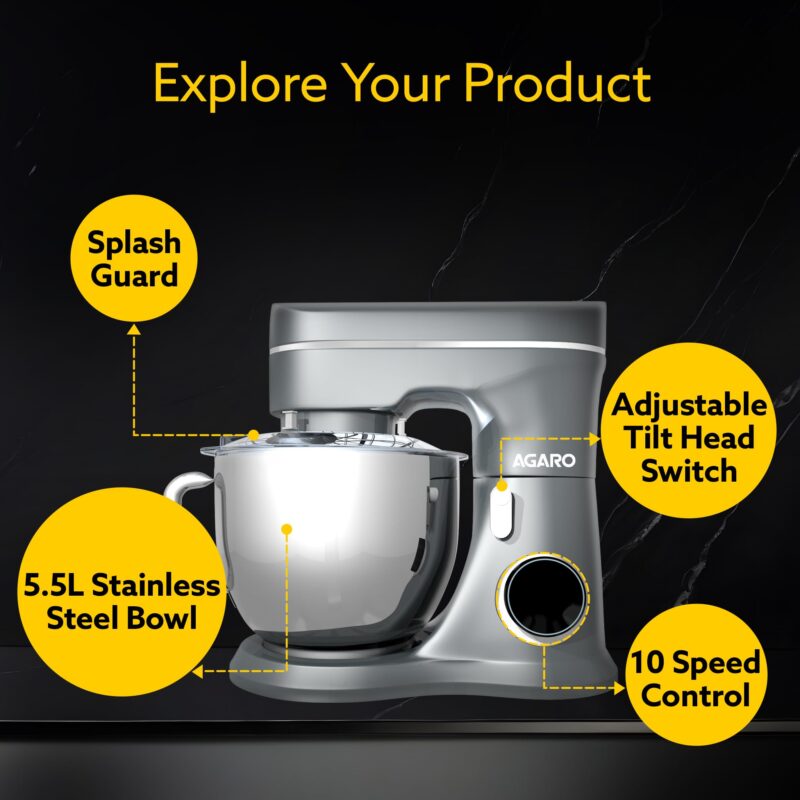 AGARO Elegant Stand Mixer, 1400W with 5.5L SS Bowl, 10 Speed Settings, Pulse Function, 100% Copper Motor, Includes Whisker, Beater, Dough Hook, Dark Grey - Image 4