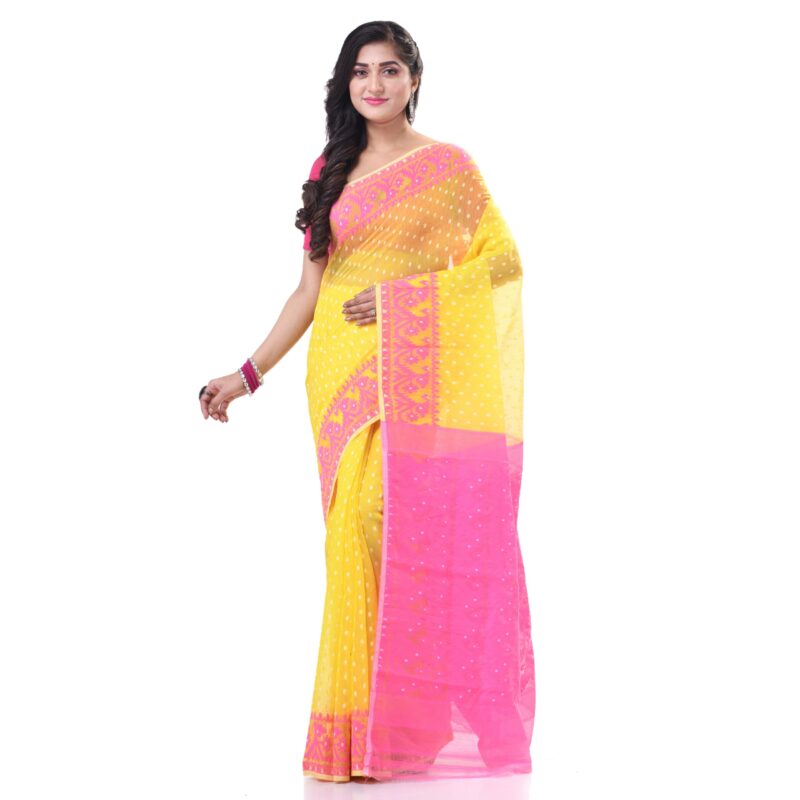dB DESH BIDESH Women`s Resham Dhakai Jamdani Cotton Handloom Saree Hajar Buti Design Jamdani Saree (Yellow Pink)