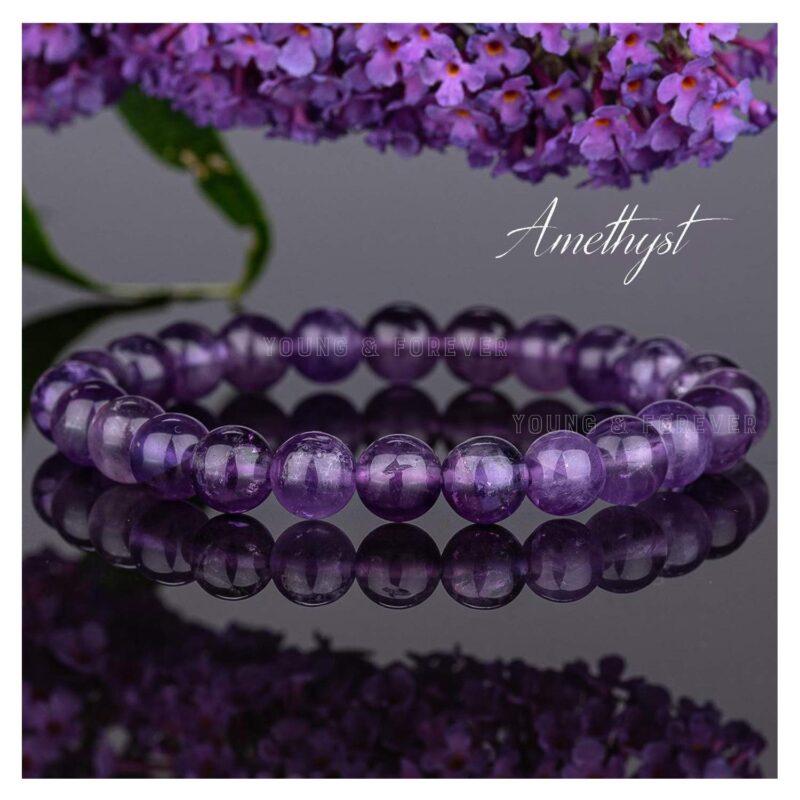 Young & Forever Gift Energized Reiki Crystal Semi Precious Gemstone Amethyst Bracelet for Purification Healing Stone Stretch Bracelet for Men and Women - Image 5