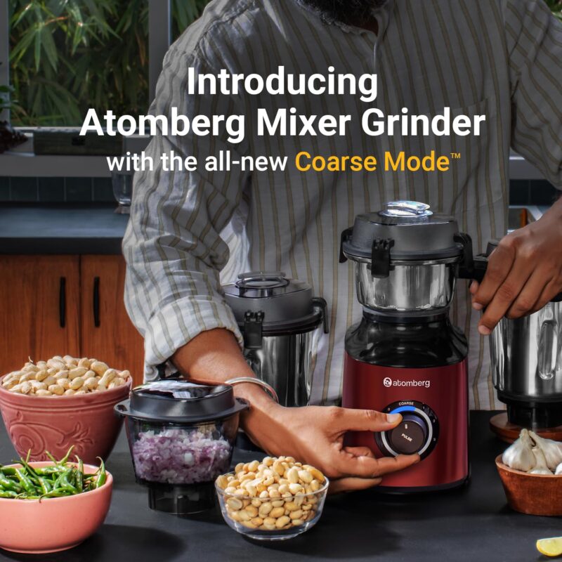 Atomberg Zenova Mixer Grinder with Unique Coarse Mode | Advanced Safety Features | 4 Jars including Chopper Jar with Hands Free Operation (Red Wine) - Image 8