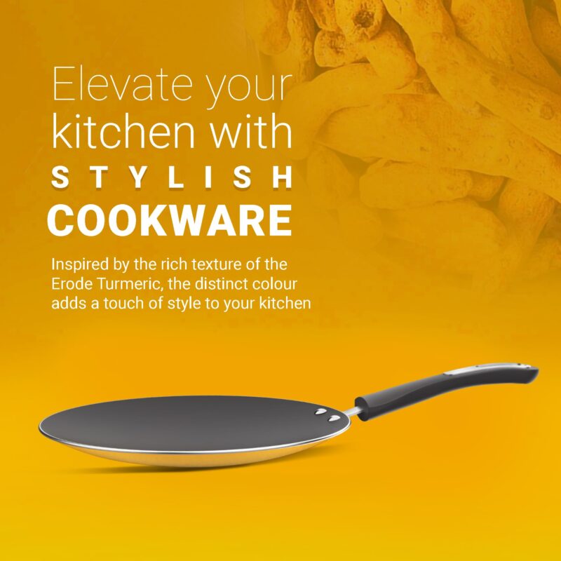 ‎Preethi Dura Collection Non Stick Concave Tawa, 28 cm, Gas & Induction Compatible, 5 Star Non Stick Effect, Turmeric Yellow - Image 3