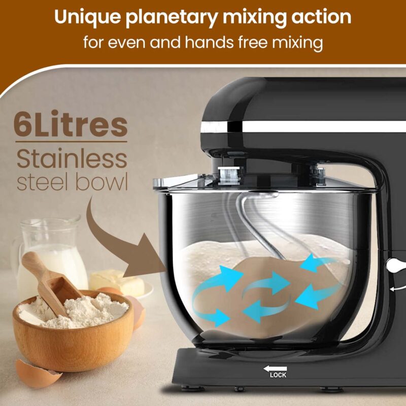 AGARO Imperial Stand Mixer,1400W with 6L SS Bowl, 1.5L Blending Jar,10 Speed With Pulse Function, 100% Copper Motor, Includes Blending Jar, Whisker, Beater, Dough Hook, Egg White Separator, Black - Image 7