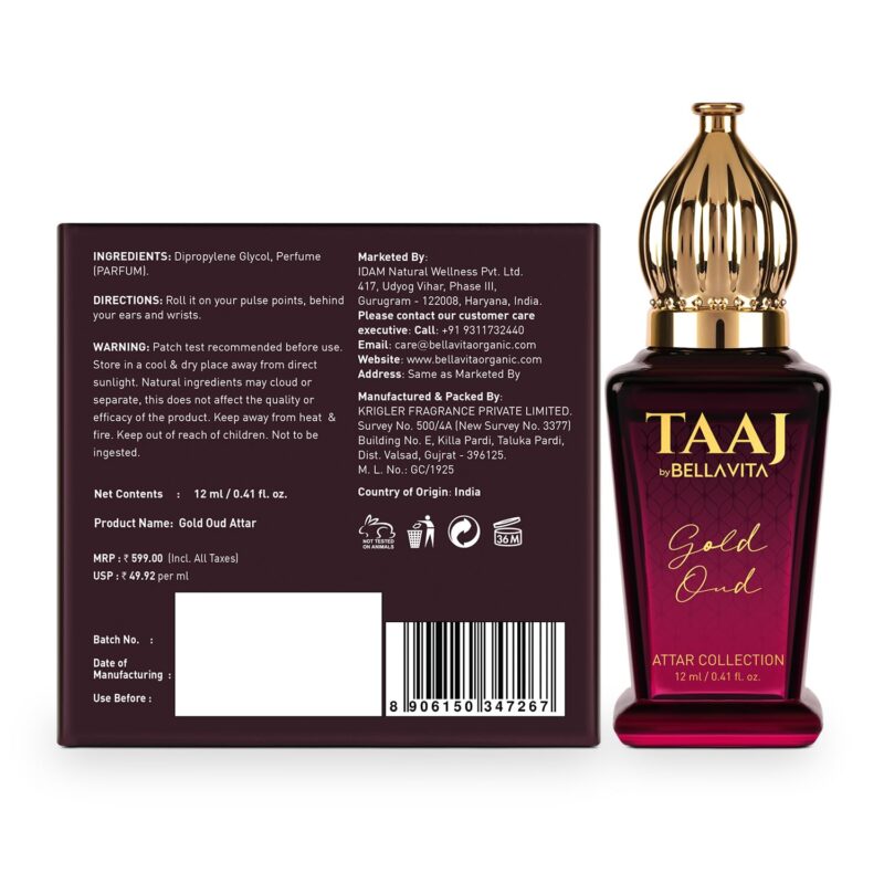 Bella Vita Luxury TAAJ Gold Oud Attar with Caramel, Rose, Jasmine & Orris for Men and Women, Non-Alcoholic Roll On, Long Lasting Fragrance, 12 ML - Image 3