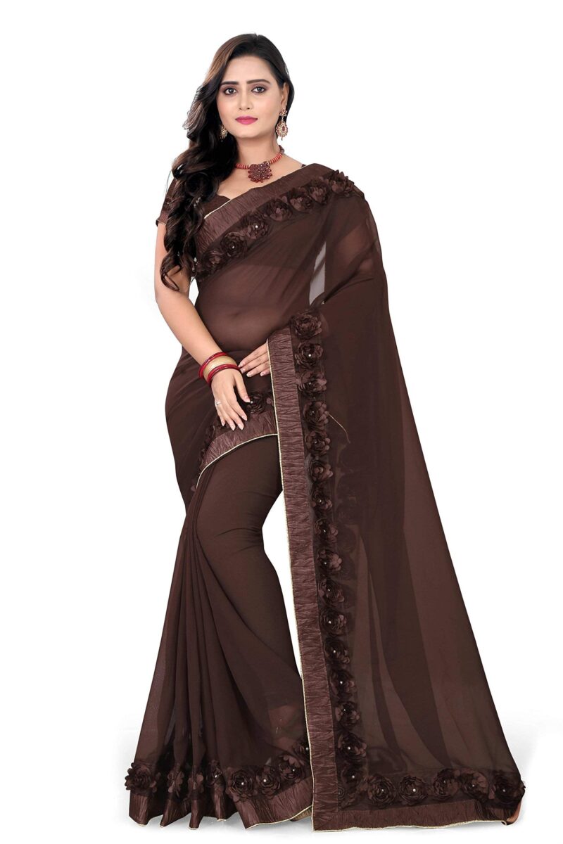 RIVA ENTERPRISE Georgette With Blouse Piece Saree (9C-9Lvv-T4Q8_Brown_Free Size, Womens)