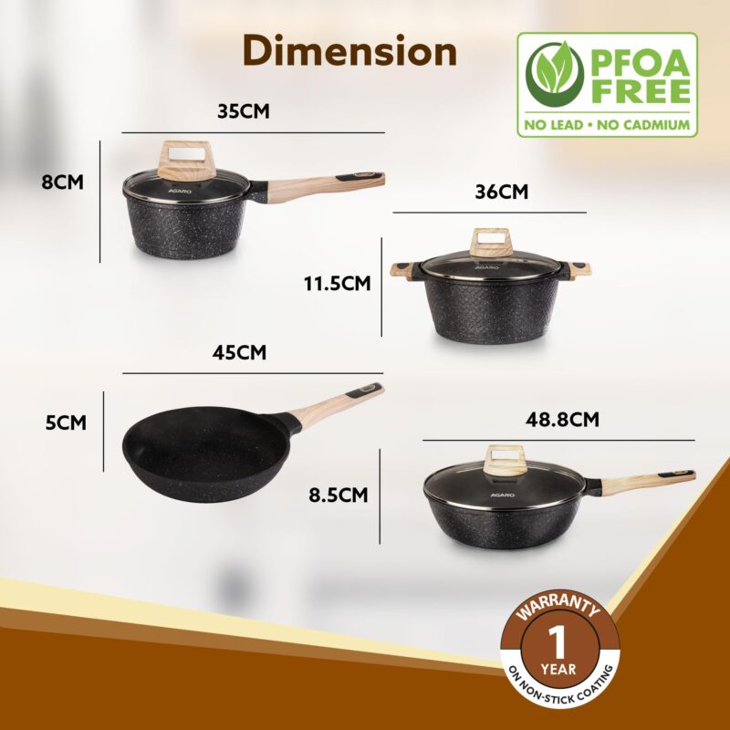 AGARO Imperial Granite Non Stick Cookware Set, 4pcs Cookware Set, 24cm Fry Pan & Casserole with Lid, 16cm Sauce pan with Lid, 28cm Deep Fry Pan with Lid, Cast Aluminium, Gas & Induction Compatible. - Image 3