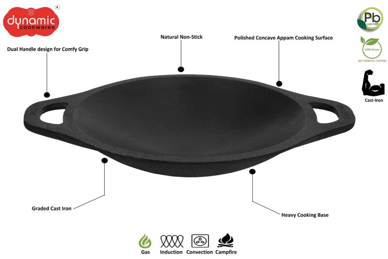 DYNAMIC COOKWARES Premium Pre-Seasoned Even matt Finish Cast Iron Appam Pan 8 Inch/22.05 cm | Gas Compatible | Naturally Nonstick Appam Patra/Chatti/Kallu/Palappam Pan, 100% Pure & Toxin-Free, Black - Image 3
