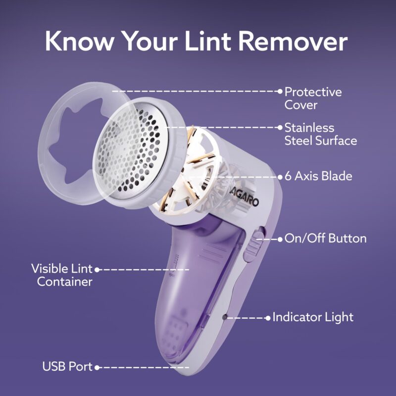 AGARO 2419 Lint Remover, Electric Fabric Shaver, Rechargeable, Stainless Steel Blades, Portable, Multi-Functional Fuzz Remover from Woollen Sweaters, Coat, Blankets, Jackets, Carpets, Burr Remover - Image 3