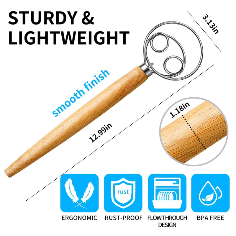 (More Efficient) TeeVea Danish Dough Whisk Stainless Steel Dutch Style Bread Dough Hand Mixer Blender Wooden Handle Kitchen Baking Tools Artisian Blender - Image 3