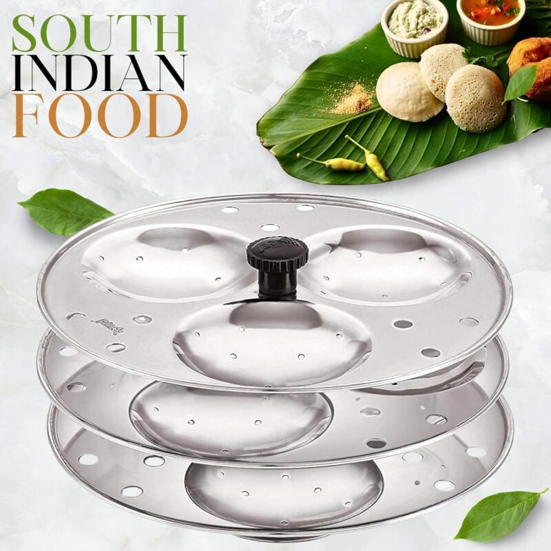 Blluex Stainless Steel Heavy Quality Idli Stand For 5 Liter above Cooker Idli Maker Makes 9 Medium Size Idlis At Once With Stand Kitchen Tool 3 Plates - Silver - Image 5