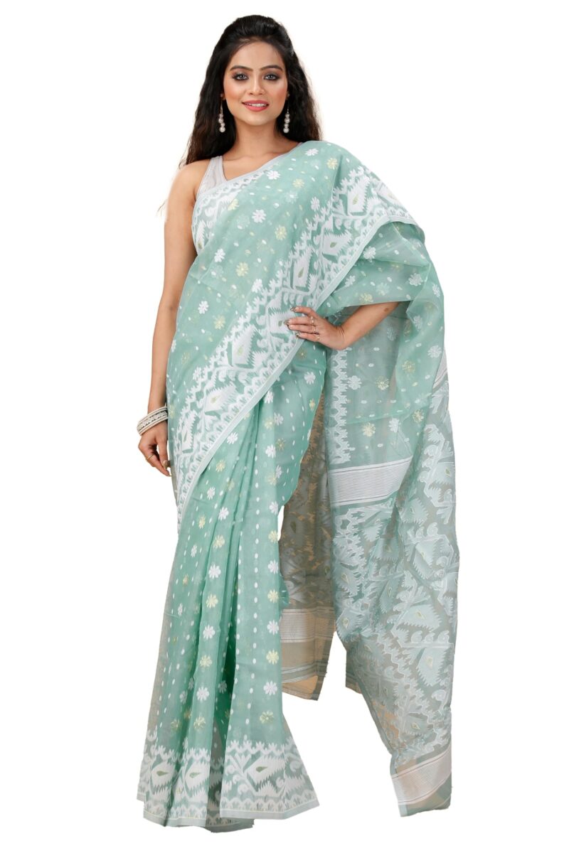 OISHANI SAREE GHOR Women's Traditional Bengal Cotton Silk Soft Jamdani Saree - Beautiful design and Quality - Without Blouse Piece (Pastel Turquoise)