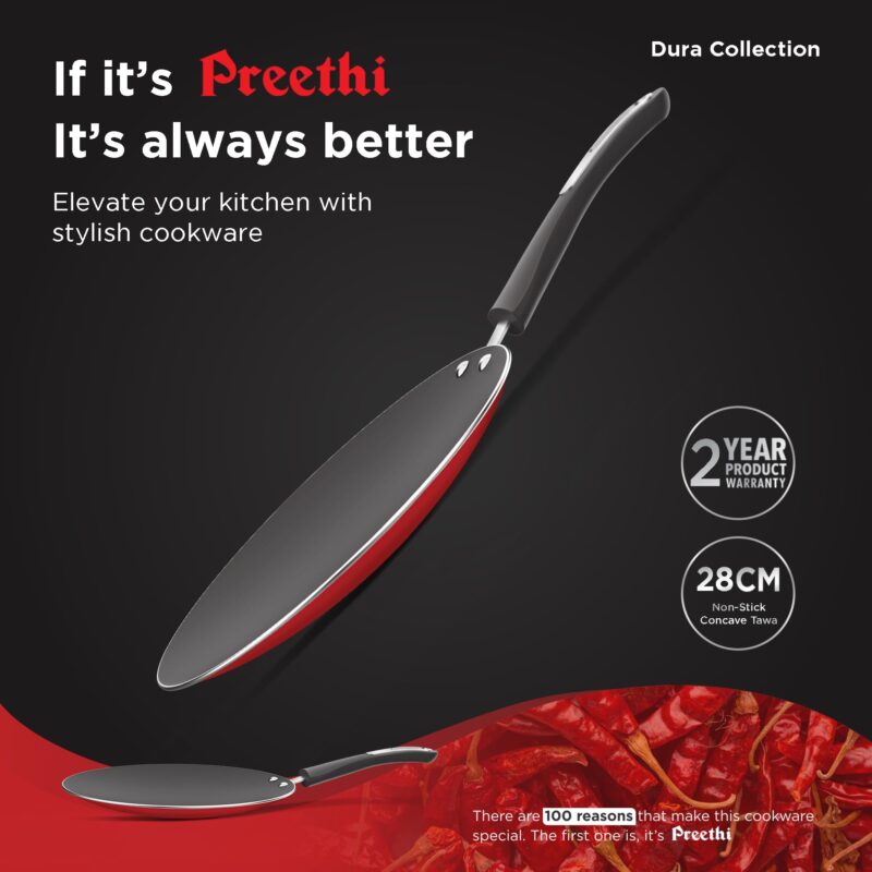 ‎Preethi Dura Collectiona Non Stick Concave Tawa, 28 cm, Gas & Induction Compatible, 5 Star Non Stick Effect, Chilly Red - Image 5