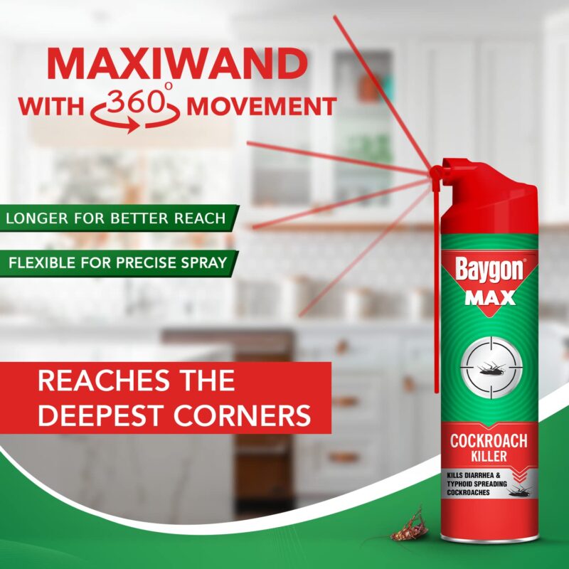 Baygon Max Cockroach Killer Spray, 625ml | Kills Diarrhea and Typhoid Spreading Cockroaches | 360 Degree Deep-Reach MaxiWand | Lasts Up To 4 Weeks - Image 7