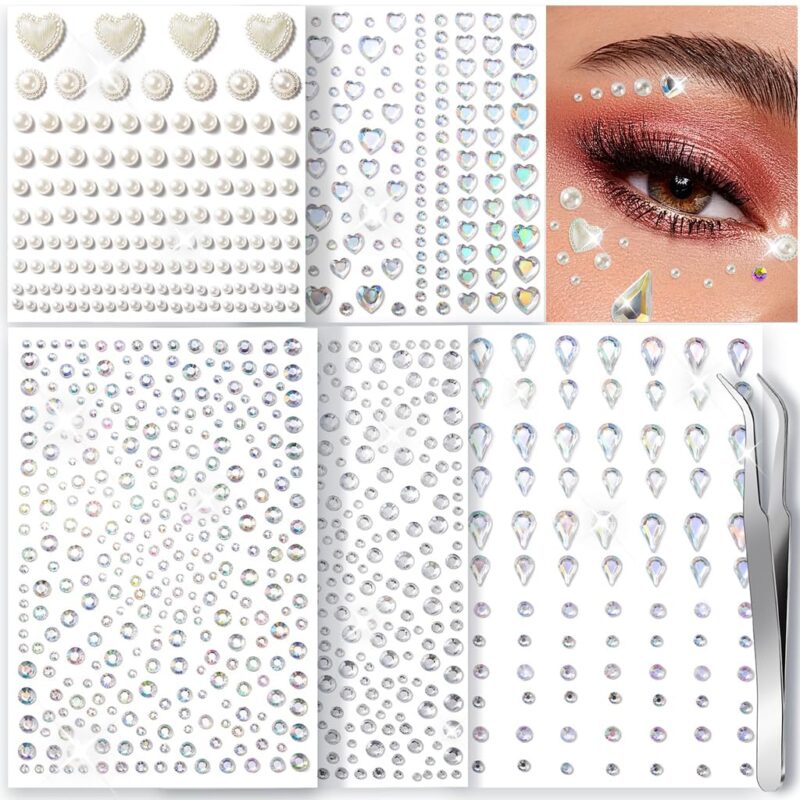 MAYCREATE® Face Rhinestones for Makeup, 1013pcs Self Adhesive Face Gems Jewels Kit, Pearls Rhinestone Stickers, Raindrop Heart Face Crystal Stone with Tweezer for DIY Crafts (Assorted Sizes & Shapes)