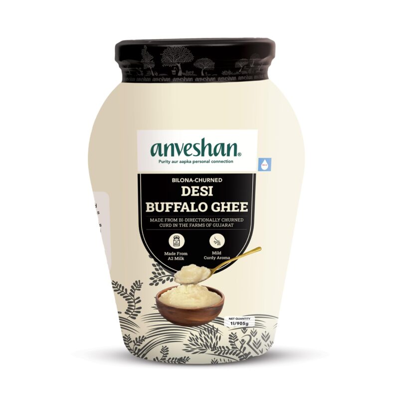 Anveshan A2 Desi Buffalo Ghee 1L | Glass Jar | Bilona Ghee | Grass Fed Buffaloes | Jaffrabadi Buffalo | Gujarat Region | Pure & Natural | Nutritional Powerhouse | Lab-Tested (1L)