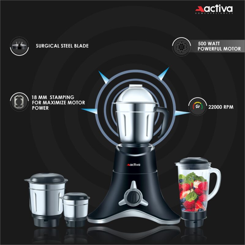 ACTIVA ABS Super Chef 900 Watts Powerful Motor Mixer Grinder With 4 Jars | 2 Years Motor, Black - Image 9