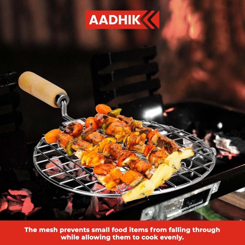 AADHIK Papad Jali Roast, Paneer Grill, Roti Maker, Barbeque Round Jali Roaster Chapati Toast Grill Wooden Handle Vegetable tandoor net, Baigan Bharta - Image 6