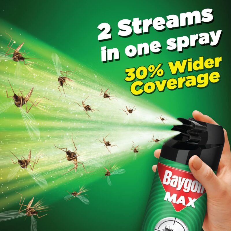 Baygon Max Mosquito and Fly Killer Spray, 400ml | Lime Fragrance | Instant Mosquito Repellent | Kills Dengue & Malaria Spreading Mosquitoes | With Double Nozzle Technology for 30% Wider Coverage - Image 7