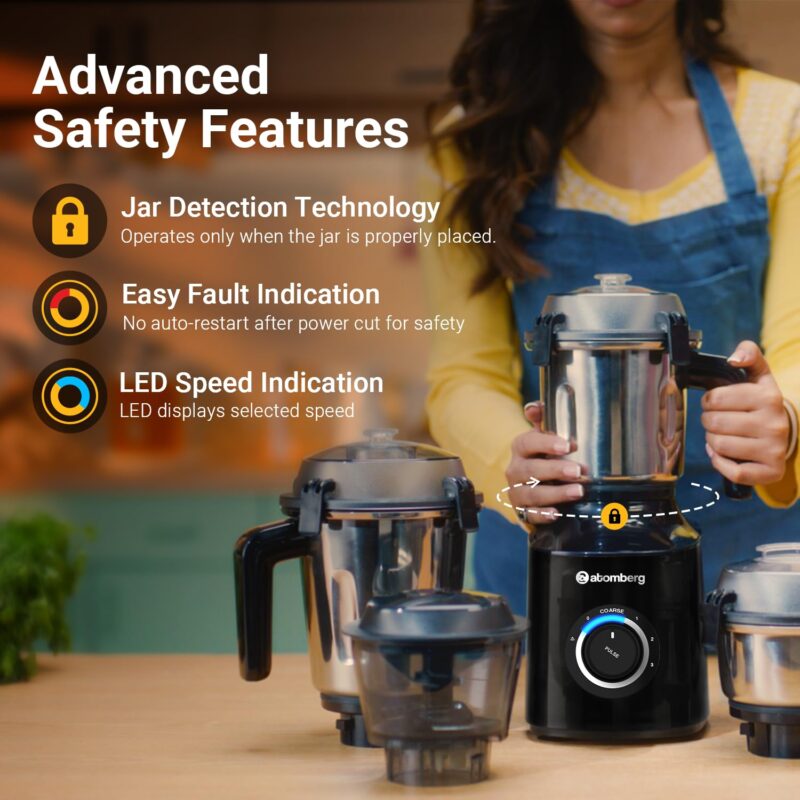 Atomberg Zenova Mixer Grinder with Unique Coarse Mode | Advanced Safety Features | 4 Jars including Chopper Jar with Hands Free Operation (Black) - Image 6