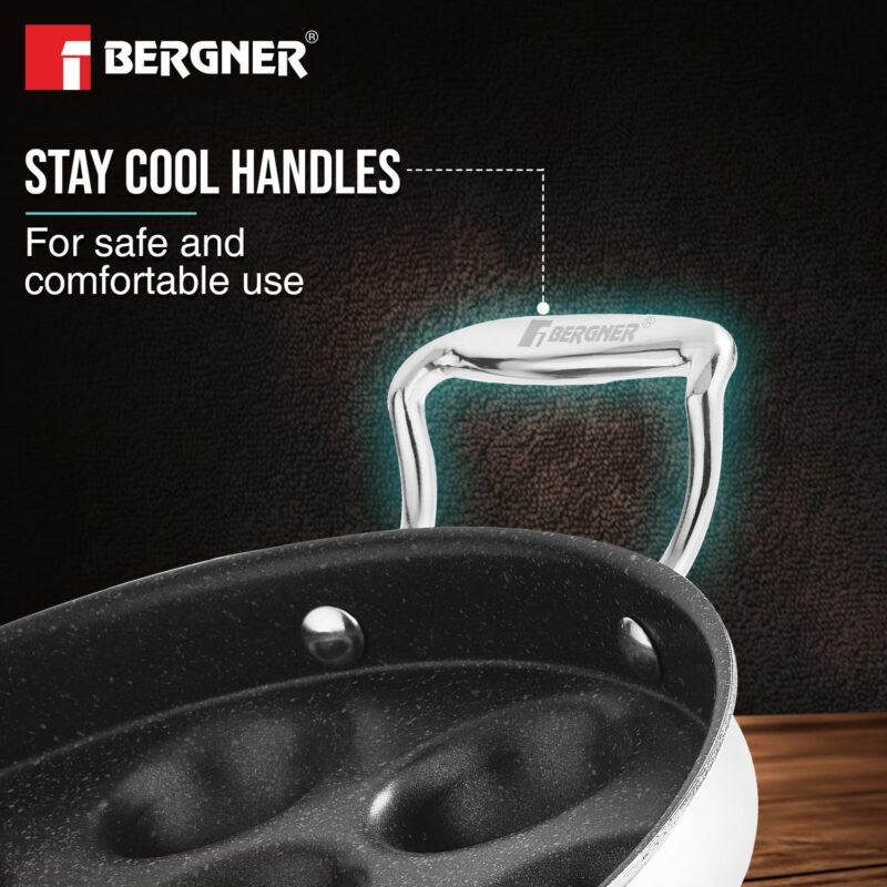 BERGNER Argent Samsara Triply Stainless Steel 11 Pits (25cm) Round Paniyarakkal with Glass Lid, Paniyaram with Quantanium Non-Stick Coating, Consumes Less Oil, Healthy Cooking - Induction Compatible - Image 2