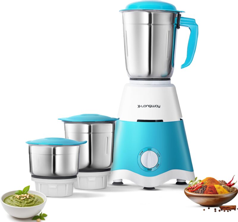 Longway Super Dlx 700 Watt Mixer Grinder with 3 Jars for Grinding, Mixing with Powerful Motor | 1 Year Warranty | (Blue & White, 3 Jars)