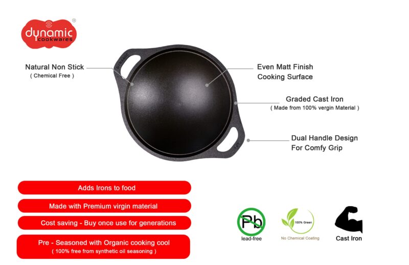 DYNAMIC COOKWARES Premium Pre-Seasoned Even matt Finish Cast Iron Appam Pan 8 Inch/22.05 cm | Gas Compatible | Naturally Nonstick Appam Patra/Chatti/Kallu/Palappam Pan, 100% Pure & Toxin-Free, Black - Image 7