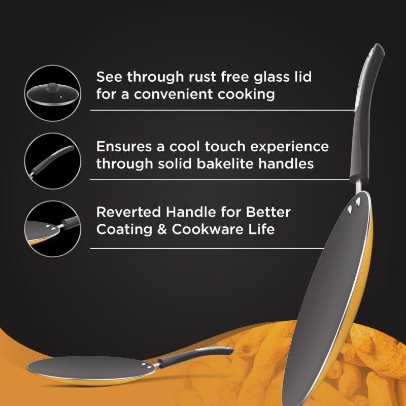 ‎Preethi Dura Collection Non Stick Concave Tawa, 28 cm, Gas & Induction Compatible, 5 Star Non Stick Effect, Turmeric Yellow - Image 4