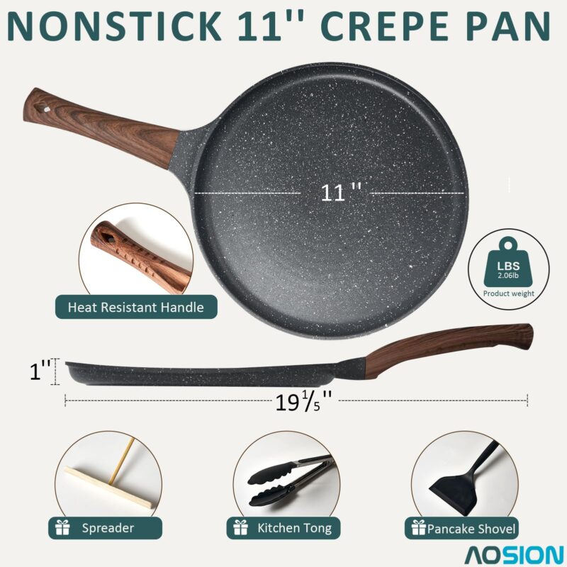 AOSION 11 inch Crepe Pan Nonstick Dosa Tawa Pan,Ceramic Coating Skillet Pan,Tortilla Pan for Pancake Omelette Steak Frying Egg with Ergonmic Handle,For All Stoves - Image 7