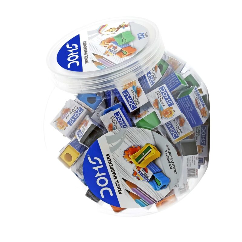 Doms Pencil Sharpener Jar Pack | Smooth & Breakless Sharpening | Free 20 Pieces Eraser Inside The Jar | Sharpners for Kids, School & Stationery | Multicolour, Pack of 100 Pieces