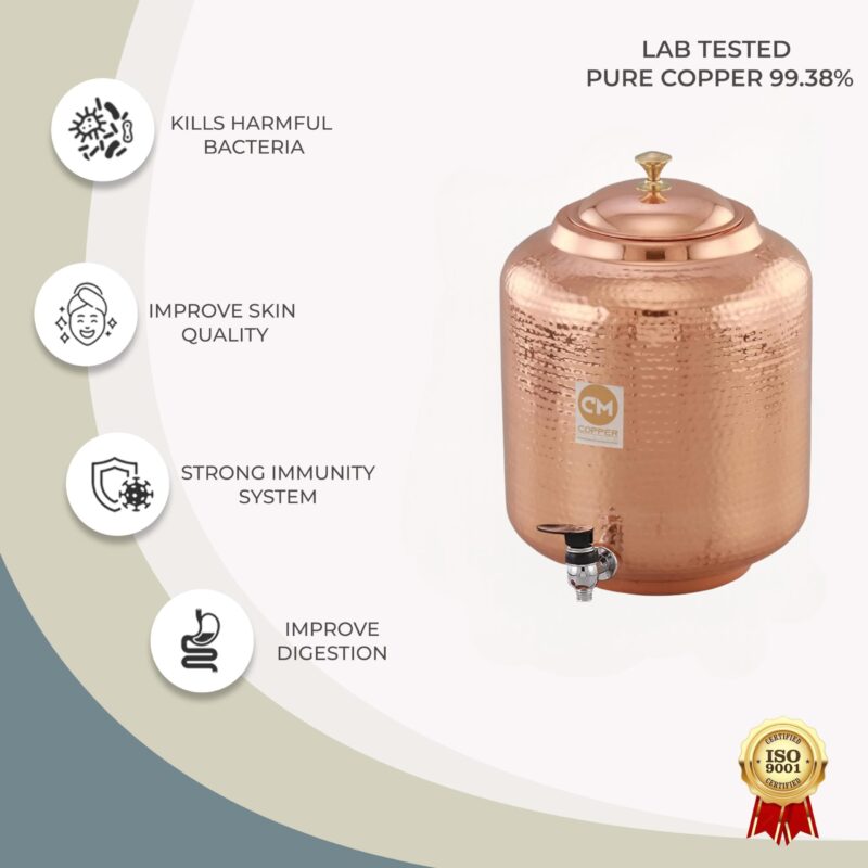 Copper-Master 5 Litre Pure Copper Hammered Water Dispenser (Matka) Container Pot with 2 Pure Copper Glasses Pure Copper and Ayurvedic Health Benefits (5000 ml + 600 ml) - Image 5