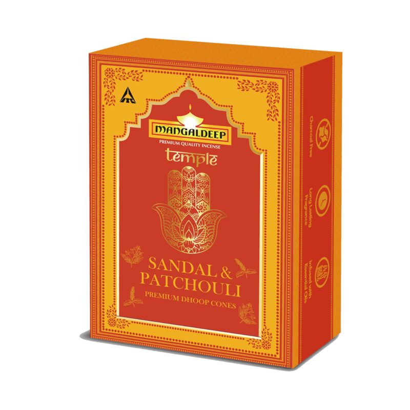 Mangaldeep Temple Premium Bambooless Dhoop Cones - Sandal & Patchouli - Ceramic Stand Inside - Charcoal Free (40 Cones)
