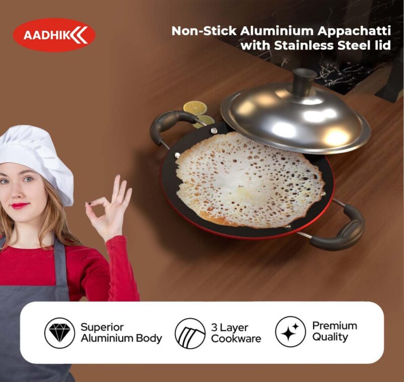 AADHIK Non-Stick Appa Chetty, Aluminium Appachatty, 23cm Diameter, 2.6mm Appachatti, Gas Compatible, Red - Image 6