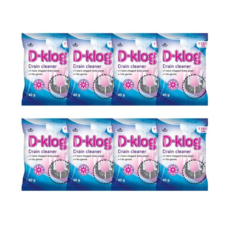 D-Klog Drain Cleaner Powder (40g x 8 Units), Removes Clogs, Blockages in Washbasin, Septic Tank, Sinks, Pipes within 30 mins.Drain expert | Sink cleaner| Toilet Cleaner | No manual hassle required
