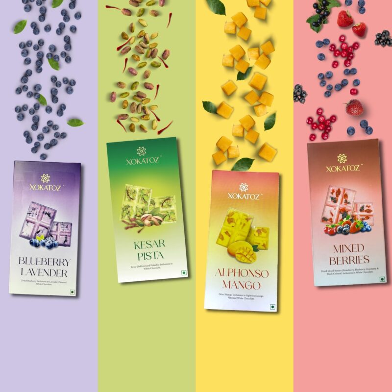 XOKATOZ Exotic Premium Chocolate - 1 Mixed Berries and 1 Kesar Pista Flavours - Flavoured White Chocolate Bars - Gift Set- Pack of 2, 150g (75g x 2) - Image 3