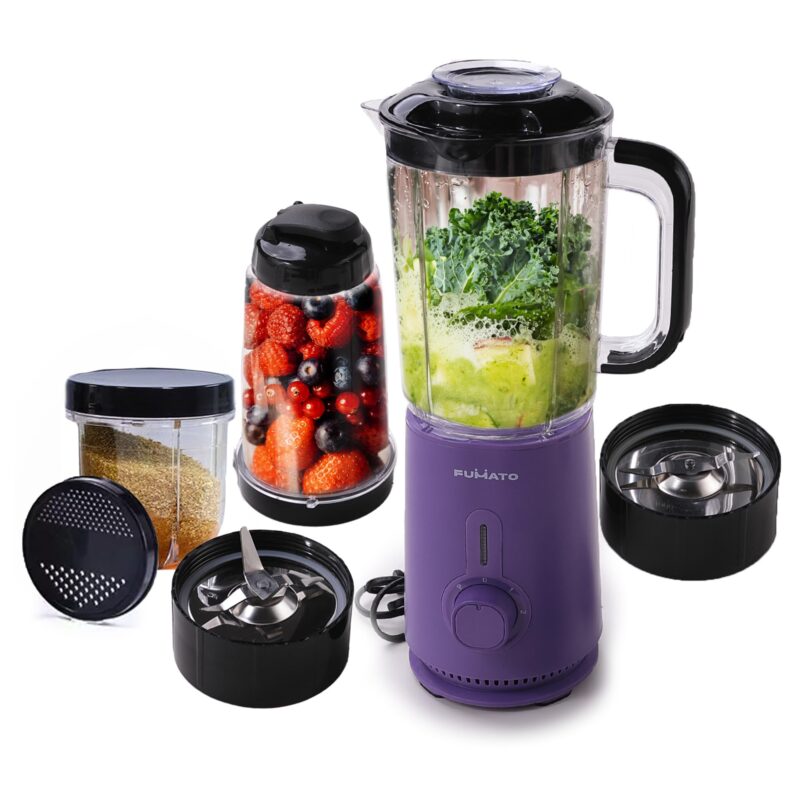 FUMATO 800W Nutri Blender- 3 Jars, 2 Stainless Steel Blades, 100% Pure Copper Motor, 2200 RPM, 2 Speed Modes, Pulse Function & 1 Year Warranty | Smoothie, Juices, Shakes, Purees & Grind Spices- Purple