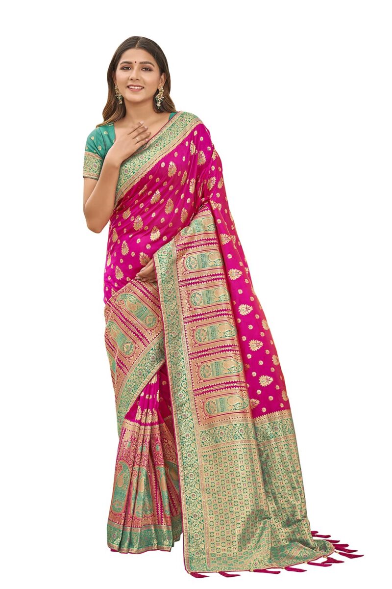 Monjolika Fashion Women's Rani Pink color Banarasi Silk blend Zari Weaving work Saree With Blouse (MNJ-8201_ Rani Pink)