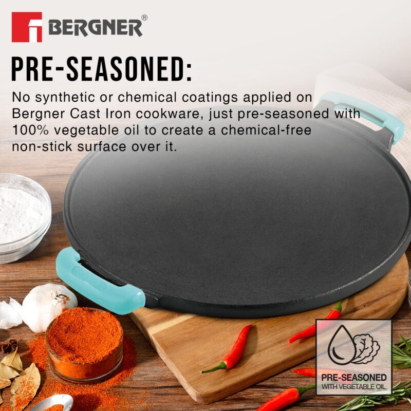 Bergner Eco Cast Iron 30cm Dosa Tawa, Pre-Seasoned, Large Loha Tawa for Dosa, Even Heat Distributor, Retains Heat to Enhance Flavor, Comes with Silicone Sleeve - Induction Base and Gas Stove Ready - Image 6