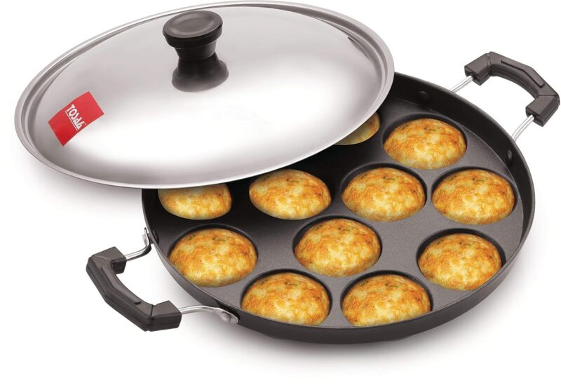 Tosaa Non-Stick 12 Cavity Appam Patra Side Handle with lid, Color May Vary