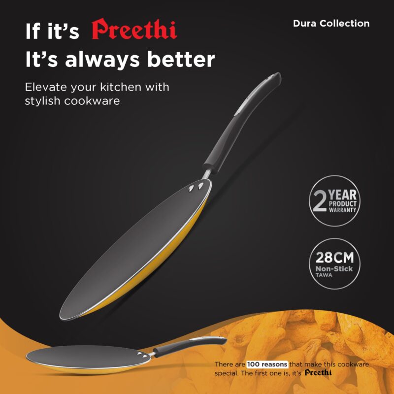 ‎Preethi Dura Collection Non Stick Concave Tawa, 28 cm, Gas & Induction Compatible, 5 Star Non Stick Effect, Turmeric Yellow - Image 5