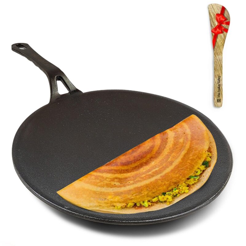 The Indus Valley Pre-Seasoned Cast Iron Concave Dosa Tawa + Free Wooden flip | 25.4cm/10 inch, 1.9kg | Gas Stove Compatible | Naturally Nonstick, 100% Pure & Toxin-Free, No Chemical Coating