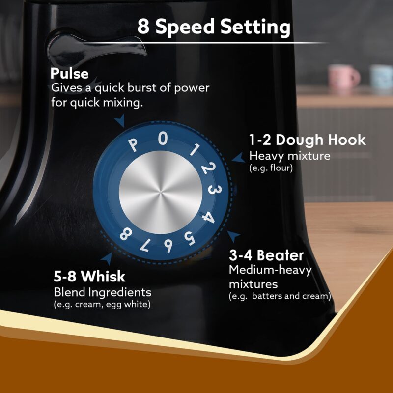 AGARO Royal Stand Mixer 1000W with 5L SS Bowl and 8 Speed Setting I Includes Whisking Cone, Mixing Beater & Dough Hook, and Splash Guard, 2 Years Warranty, (Black) - Image 4