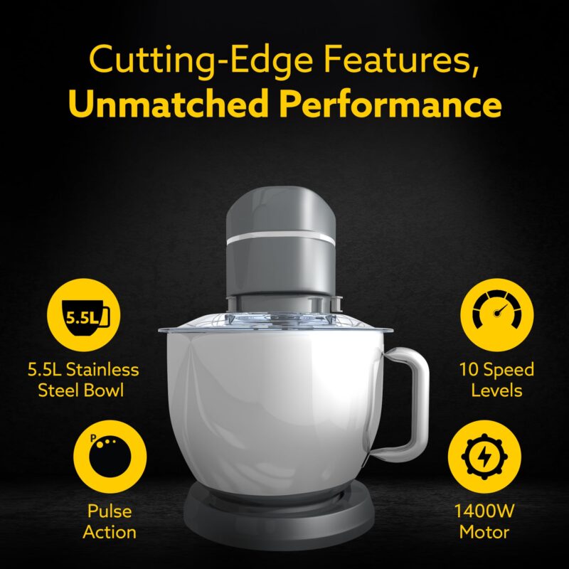 AGARO Elegant Stand Mixer, 1400W with 5.5L SS Bowl, 10 Speed Settings, Pulse Function, 100% Copper Motor, Includes Whisker, Beater, Dough Hook, Dark Grey - Image 3